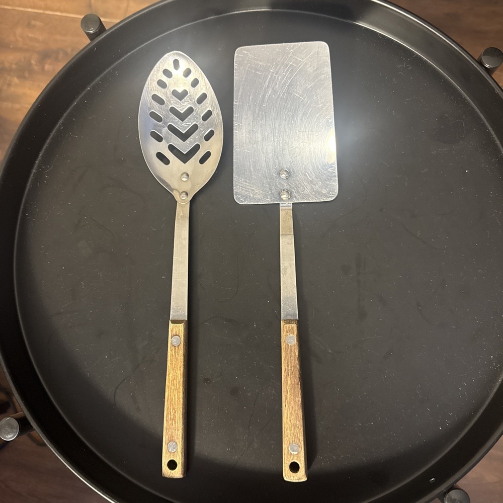 Vintage Stainless Steel Spoon and Spatula Set Wood Handles Lot Of 2 Taiwan Made‎